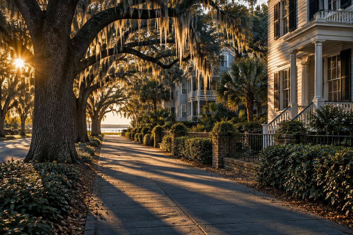 A quiet, oak-shaded street in Beaufort, South Carolina at golden hour