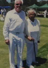 Lucille and her friend Erich Wilms dressed in white at the AMIkids charity croquet tournament